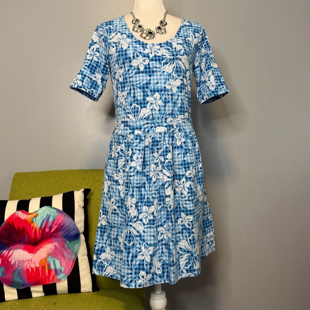 Lands End Blue Floral Plaid Short Sleeve Dress